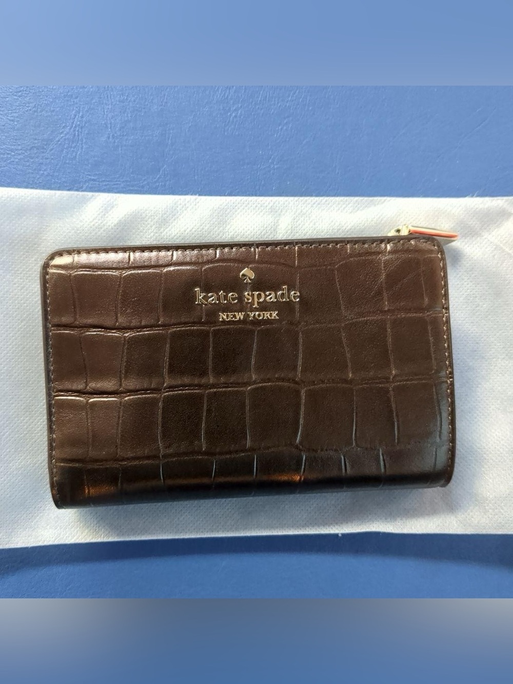 kate spade Brown Croc-Embossed Zip Wallet with Gold Hardware